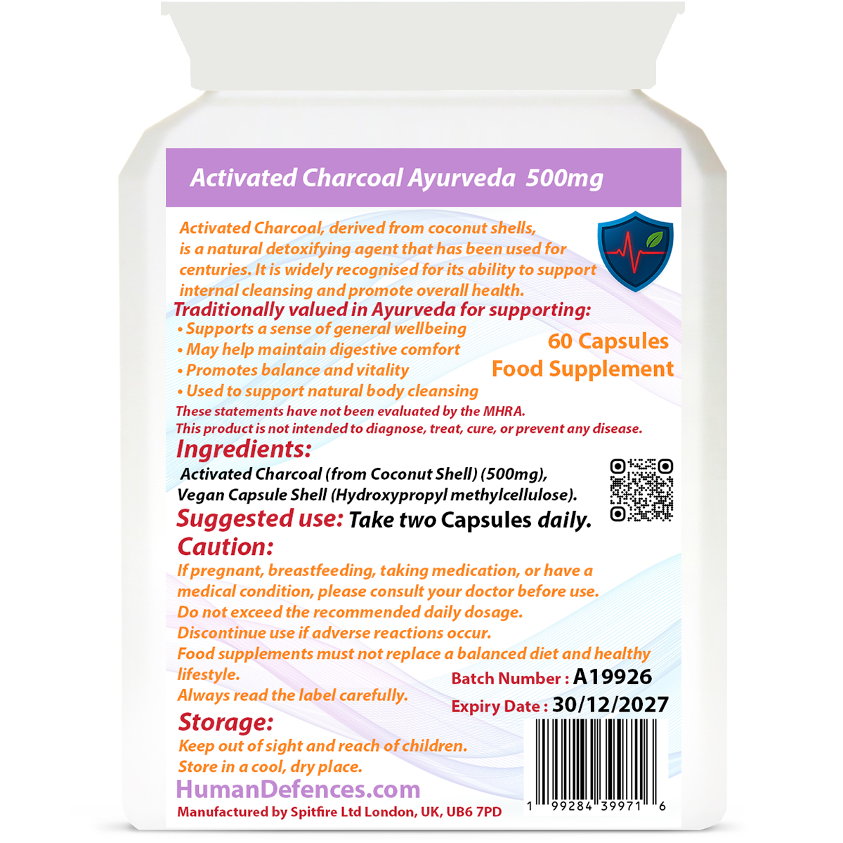 Activated Charcoal Coconut Natural Coconut Shell 500mg 60 Capsules - Image 2